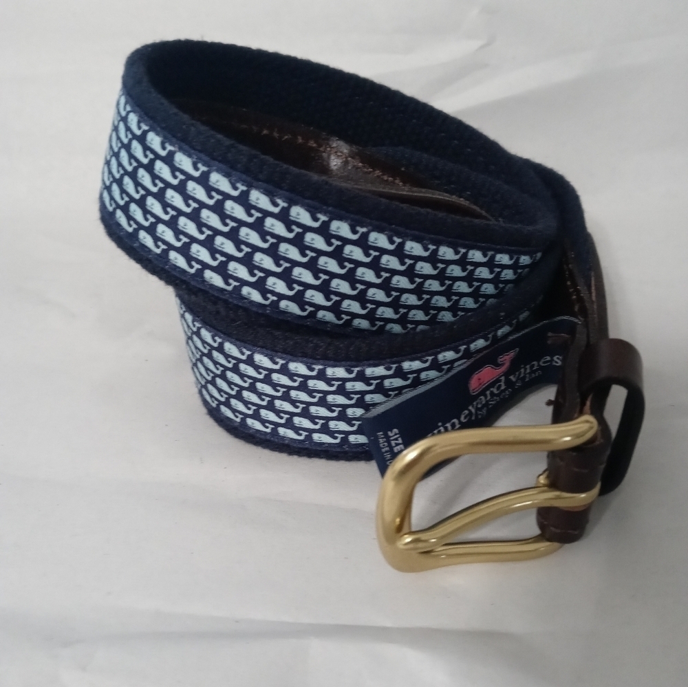 Vineyard Vines Navy Blue Canvas Classic Whale Print Belt Brass Buckle 30